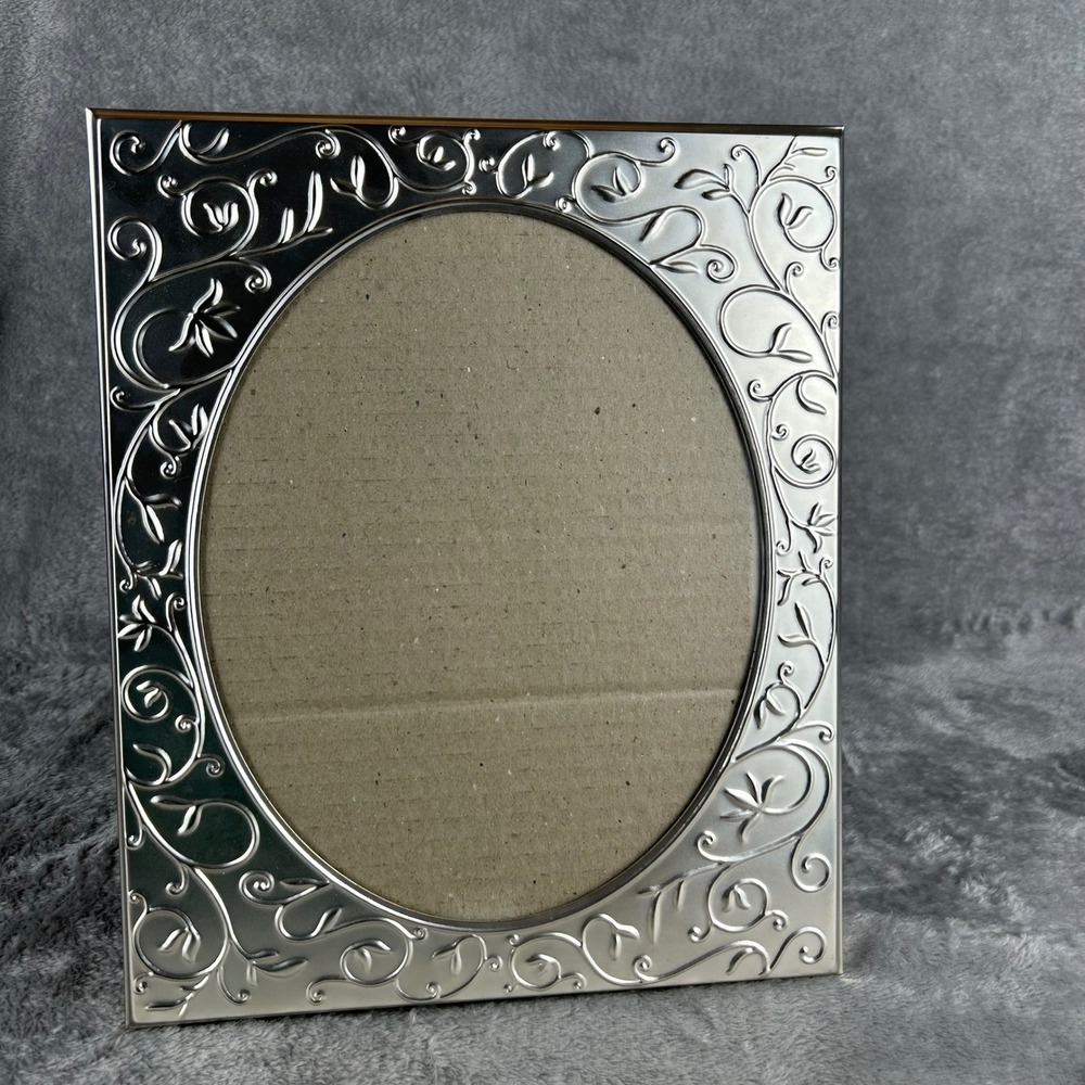 Silver Tone Embossed Floral Scroll Oval Opening Picture Frame 8x10 Tabletop Wall